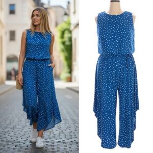 POLKA DOT JUMPSUIT SIZE 16. LONDON TIMES SLEEVELESS, ASYMMETRICAL LEG, BACK ZIP